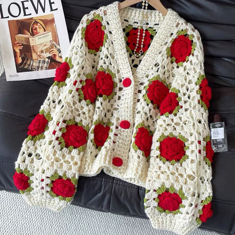18号 手工钩织米白色底立体花朵毛衣
