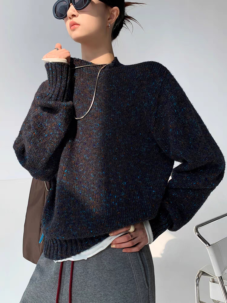 8557花纱圆领针织衫女秋冬百搭保暖时尚套头毛衣