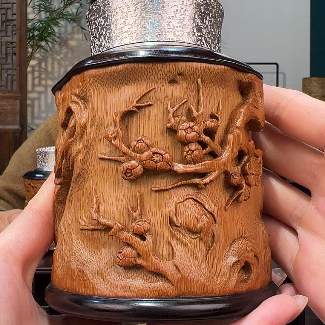 竹竹雕梅花茶叶罐