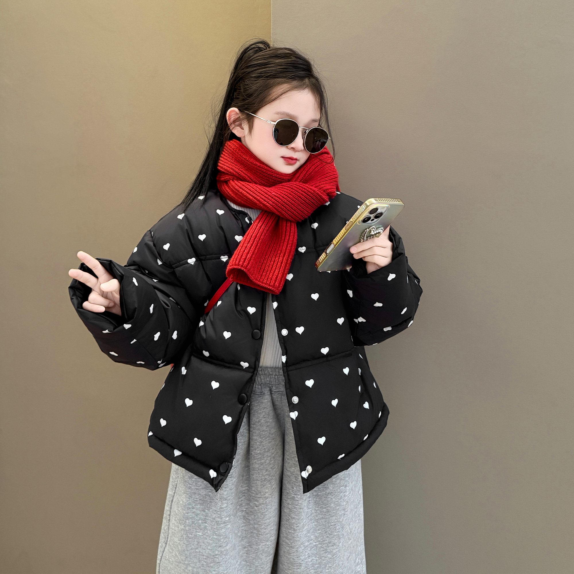 女童2025秋冬季韩版时尚波点保暖夹棉百搭棉服外套洋气棉衣新品潮