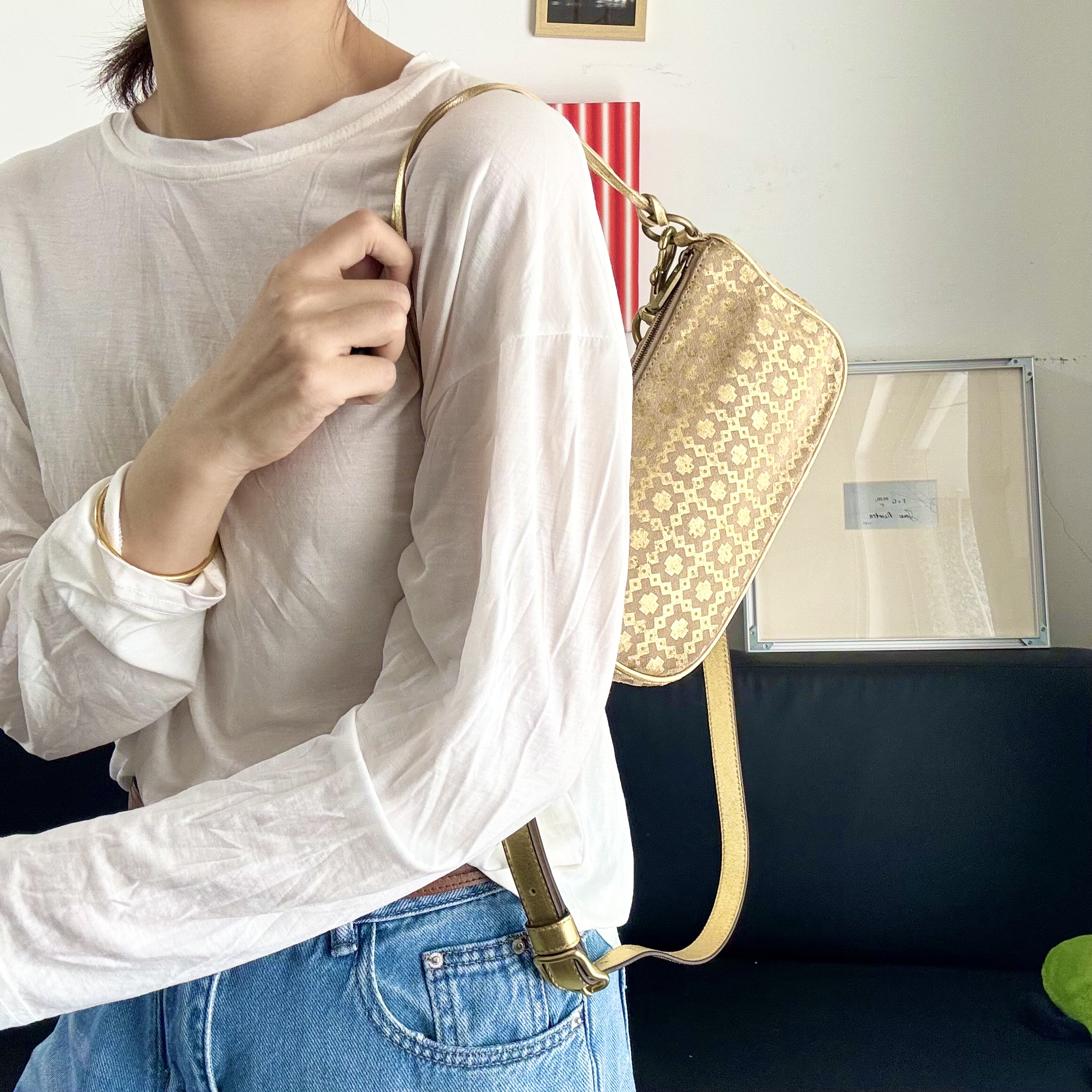 95新 Celine/思琳 九 黄金麂皮骨头单肩斜挎包