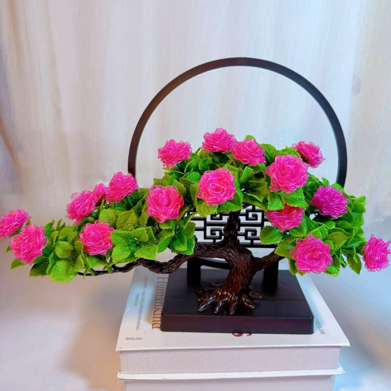 【送屏风】2.5cm雪纱带迎客松玫瑰盆景桌摆居家礼品制作DIY材料包