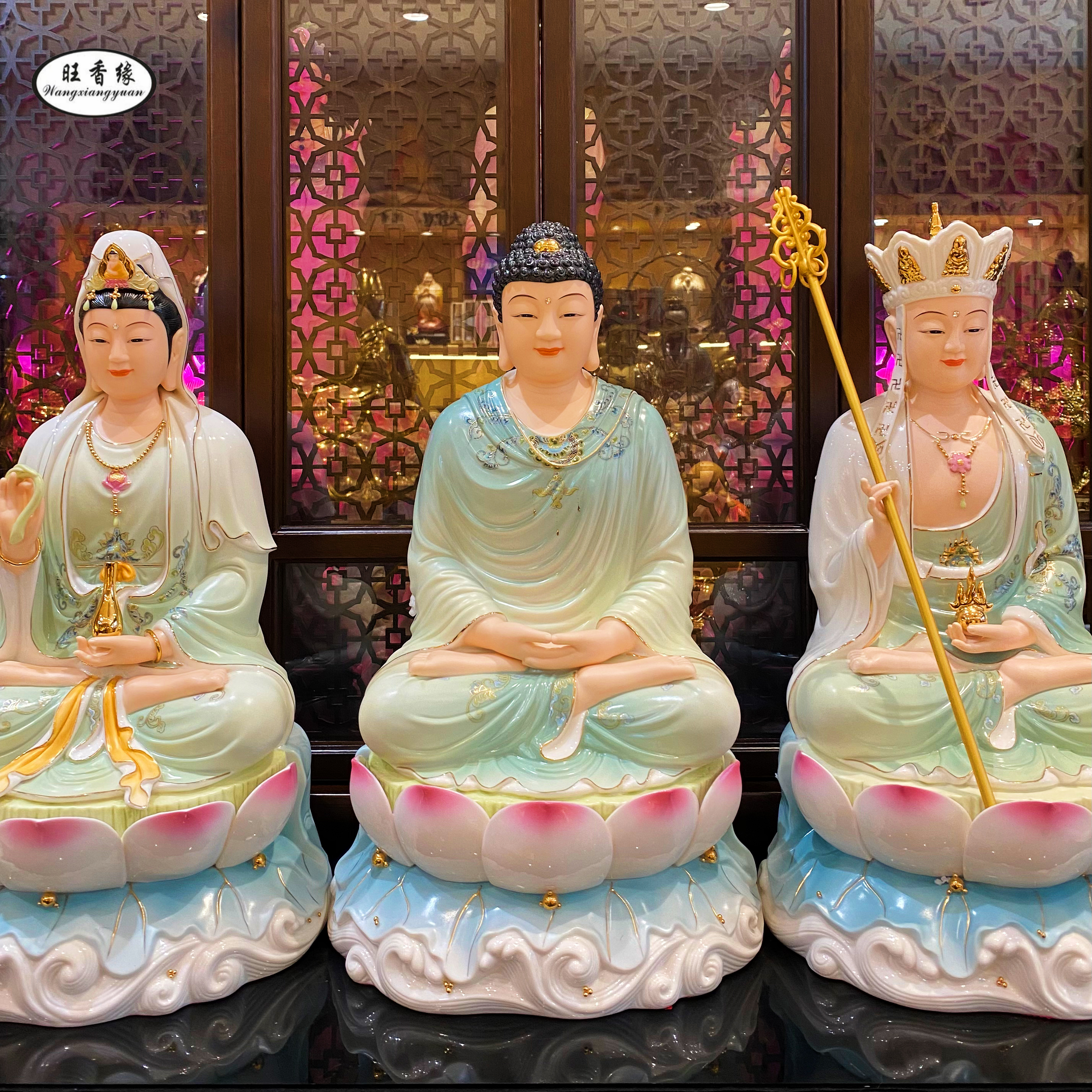 【旺香缘】德化手工陶瓷娑婆四圣大肚弥勒佛观音如来地藏家居摆件