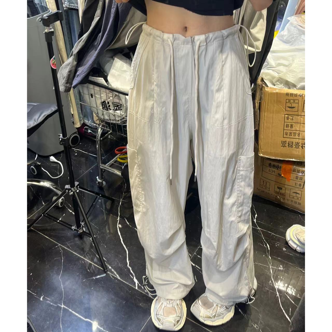 【纸袋报纸裤】美式复古辣妹休闲裤抽绳设计感显瘦工装裤