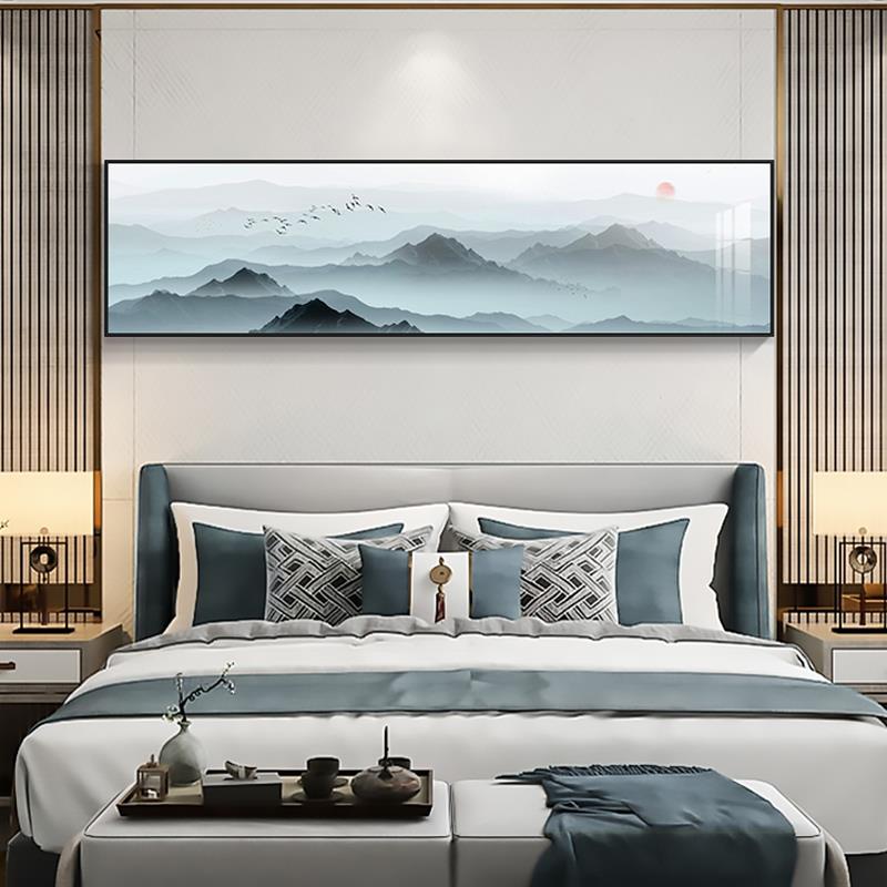 新中式卧室床头装饰画办公室水墨禅意山水画客厅房间主卧横版挂画