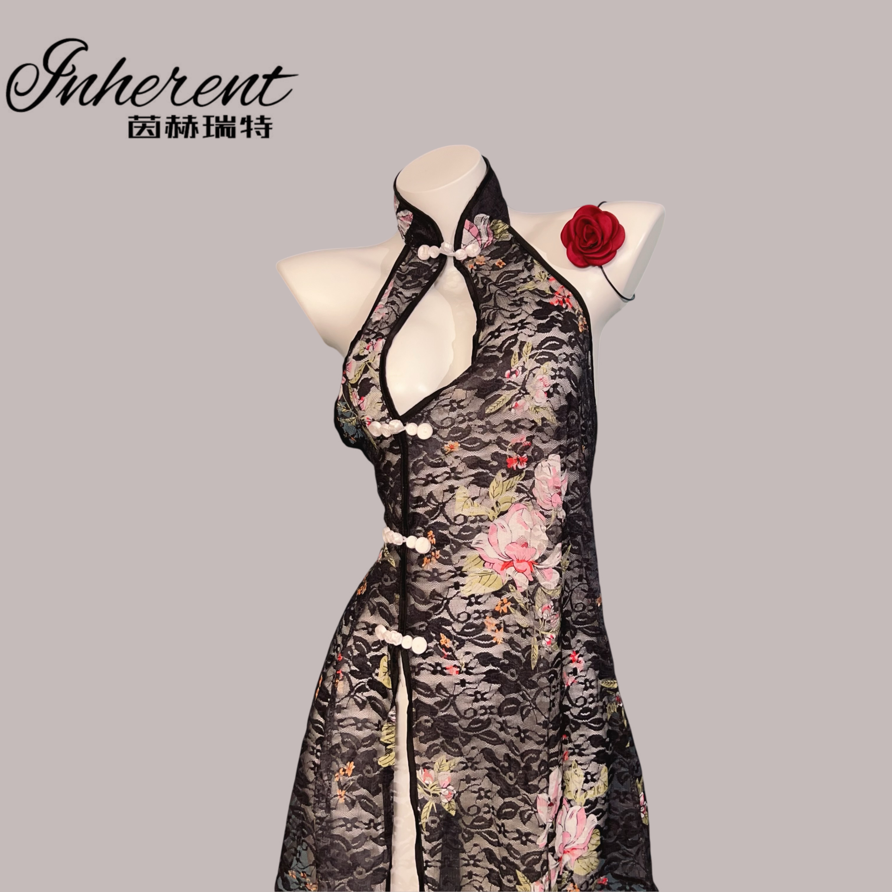 【牡丹】小心机文艺旗袍镂空蕾丝纽扣制服