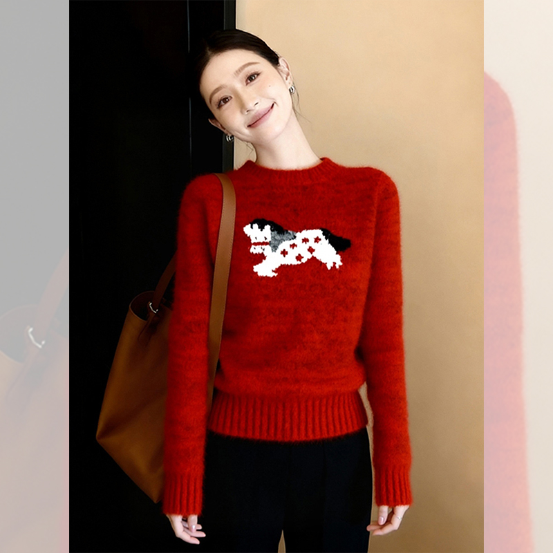 别致独特漂亮红色小衫休闲外穿提花毛衣女秋冬洋气高贵针织衫上衣
