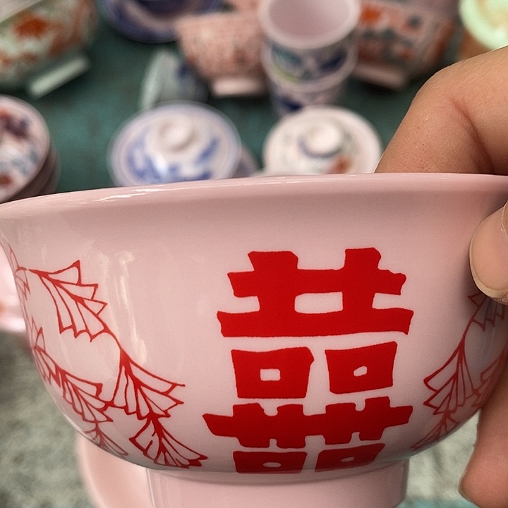 摆件陶红稀土红双喜4.5寸碗