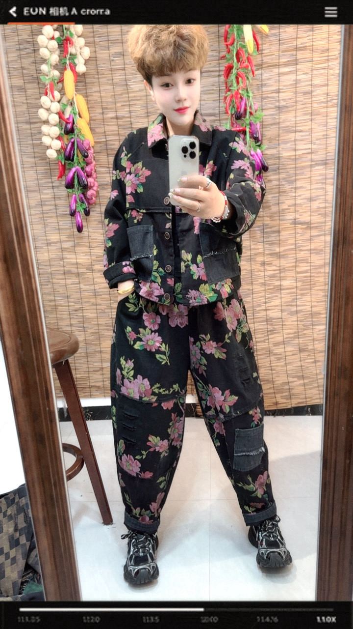 秋季爆款印花牛仔上衣加裤子套装