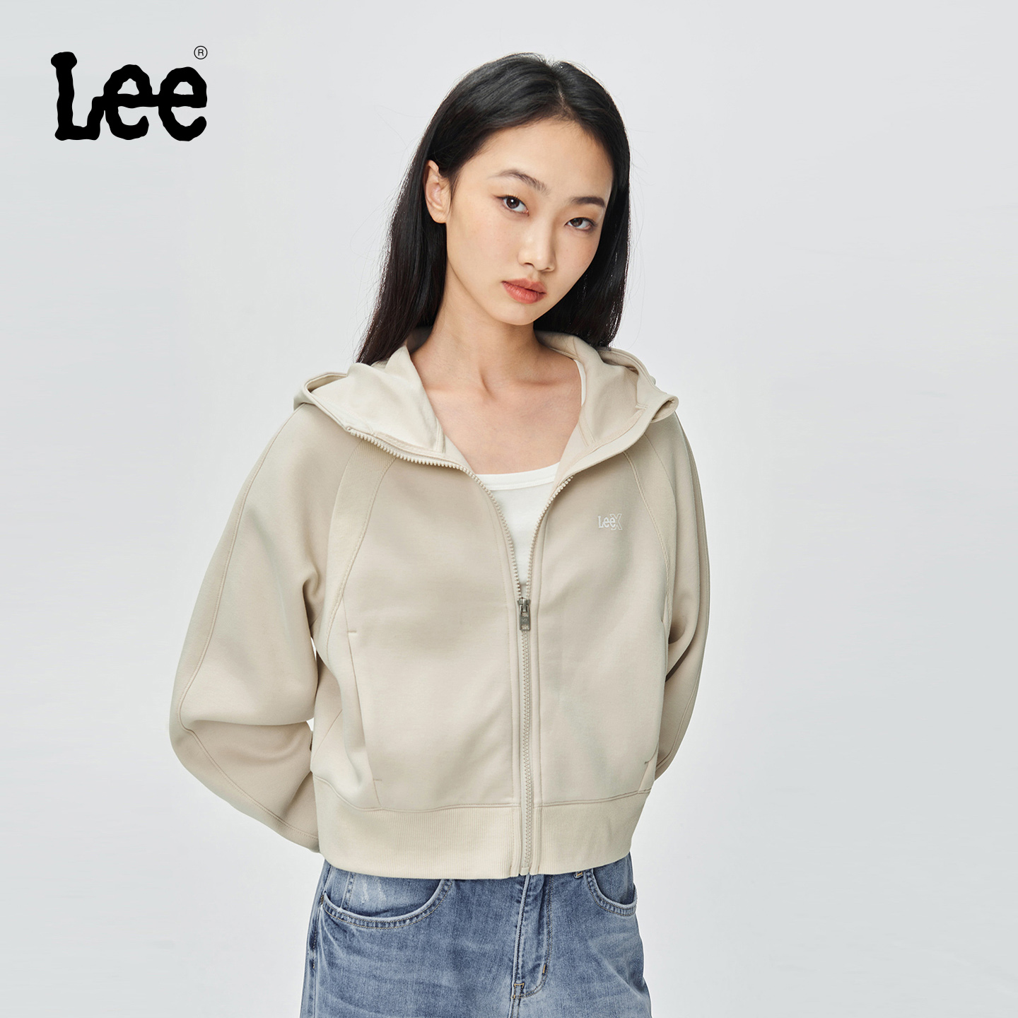 Lee25秋冬舒适版太空棉插肩袖女长袖连帽开衫卫衣外套休闲潮