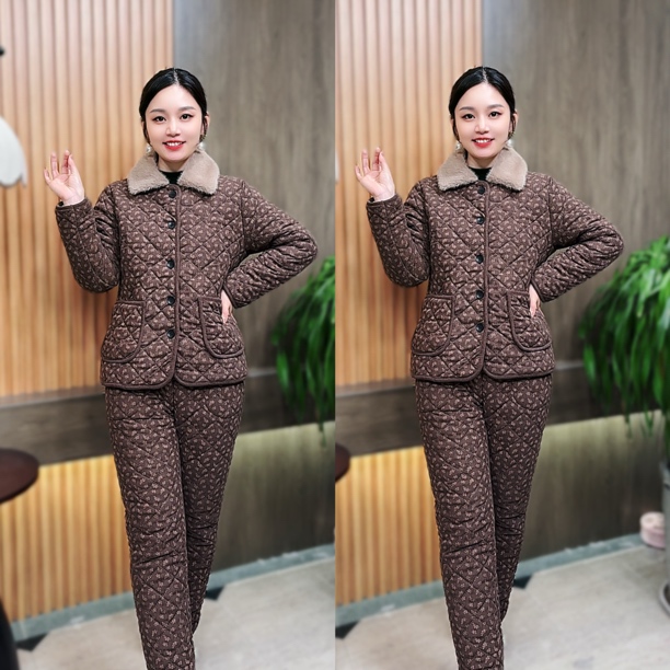 冬季女装立领盘扣套装外套加绒加厚棉袄棉裤两件套睡衣保暖家居服