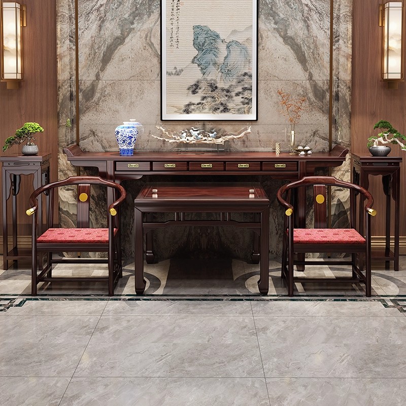 新中式乌金木中堂六件套实木条案翘头农村八仙桌神台雕花供桌堂屋