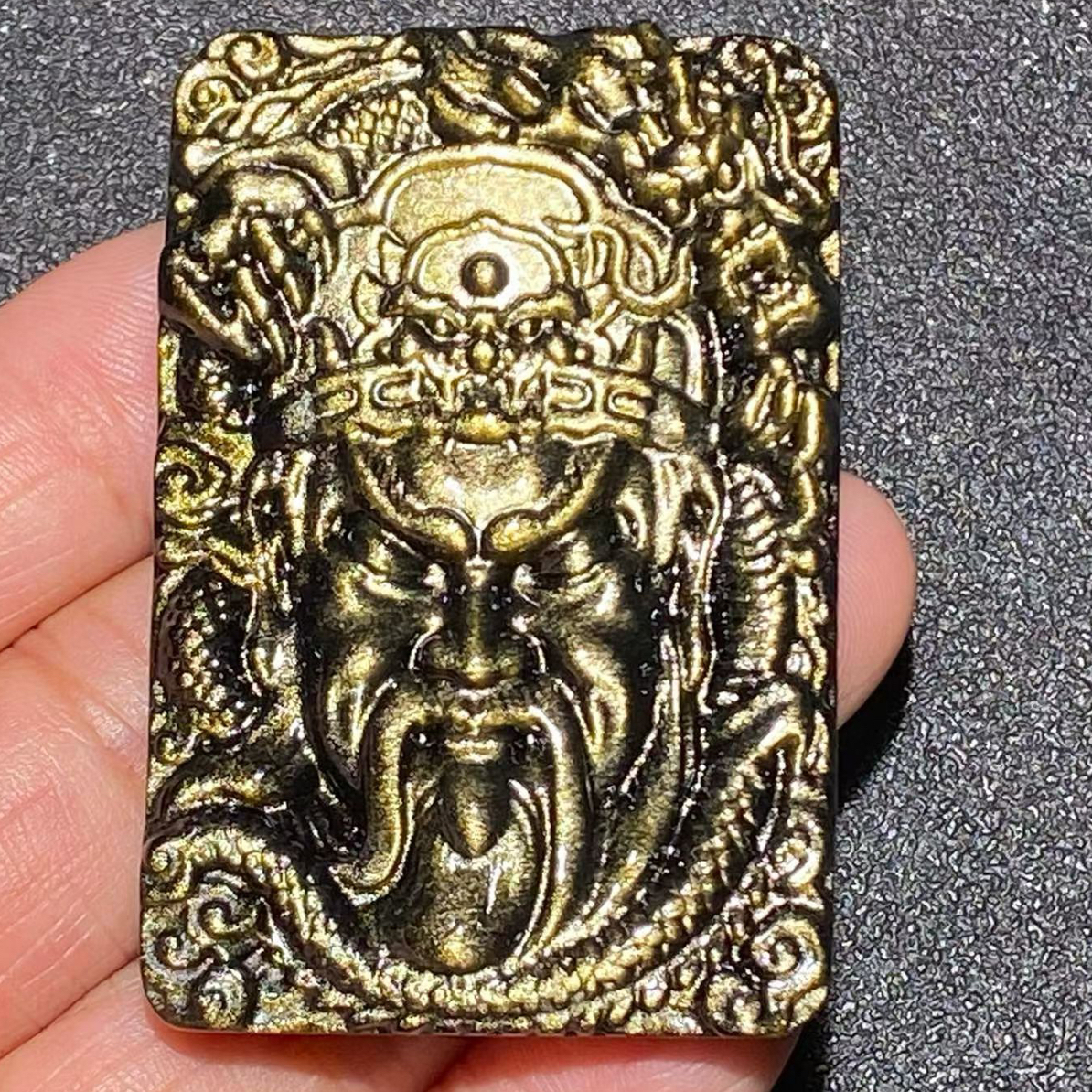 天然金曜石降龙关公吊坠