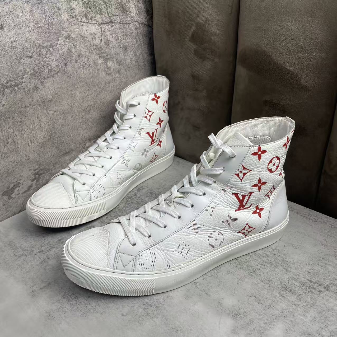 95新 LouisVuitton/路易威登 白红皮革老花渐变高帮板鞋/41码