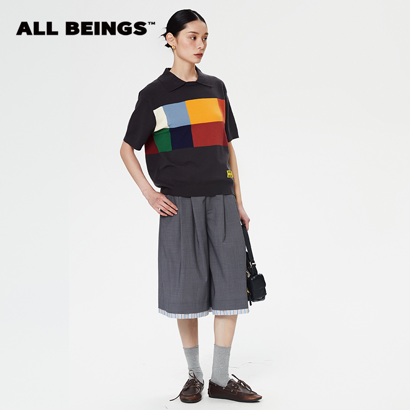 ALL BEINGS25年春夏设计师彩格翻领短袖条纹轻薄针织衫上衣时尚
