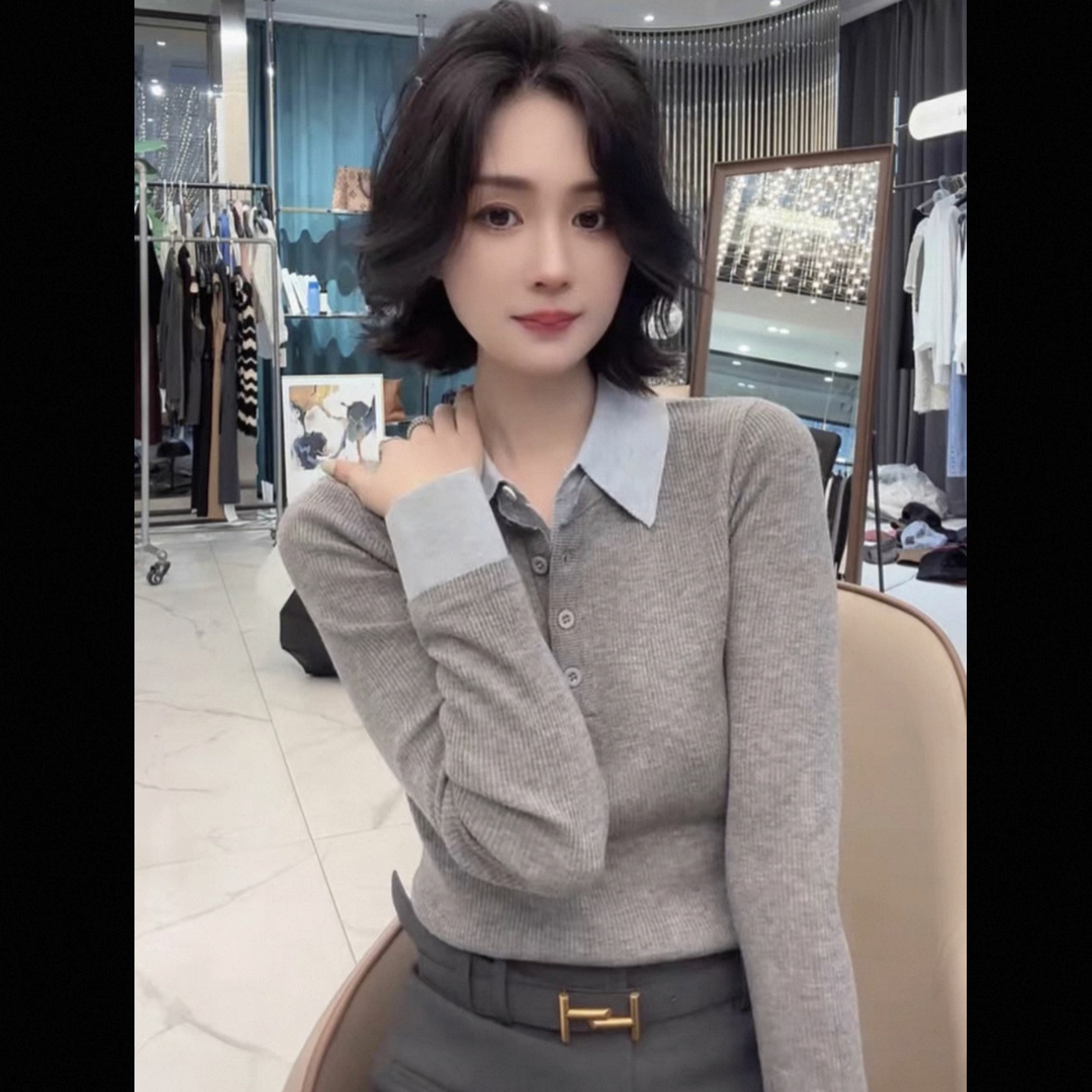 【海南简爱】拼接假两件款长袖针织衫黑色女翻领针织4365