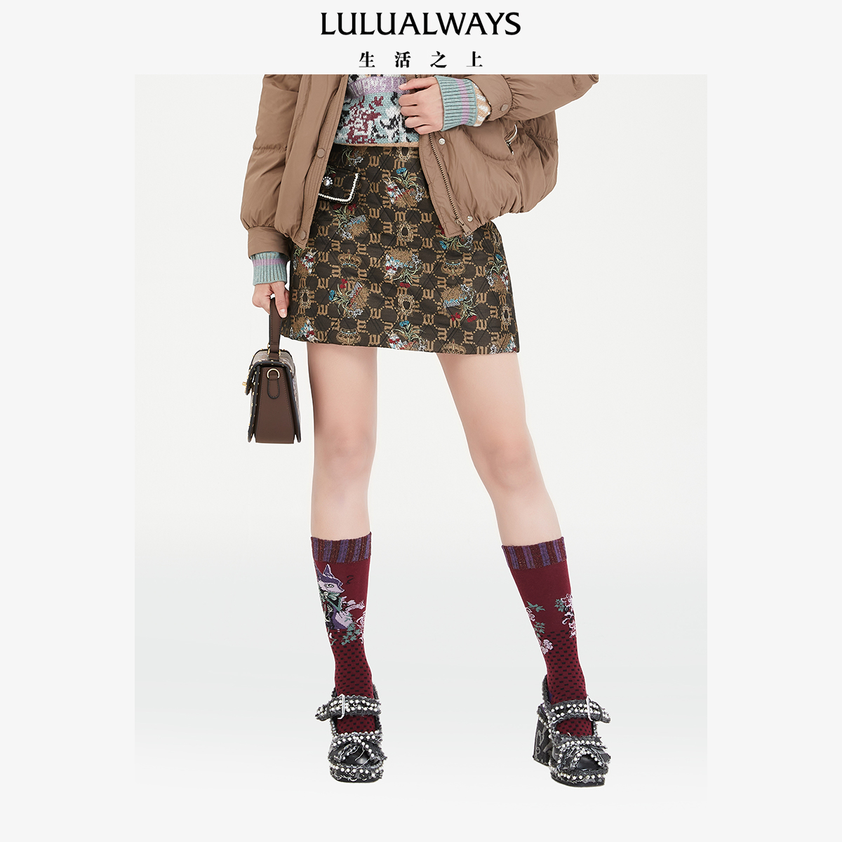 LULUALWAYS【商场同款】新款优雅印花复古菱形格短裙显瘦半身裙