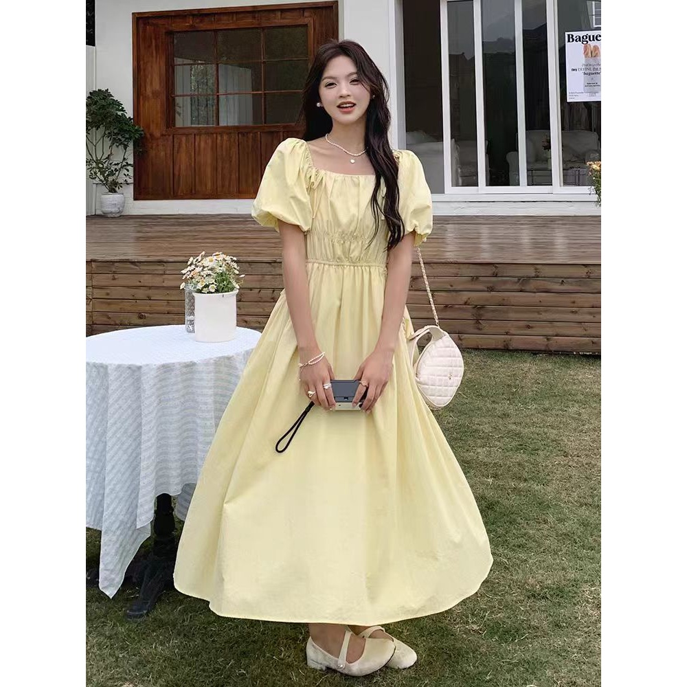 方领花苞袖连衣裙女2025年夏季新款甜美收腰中长款a字裙HJ-2130