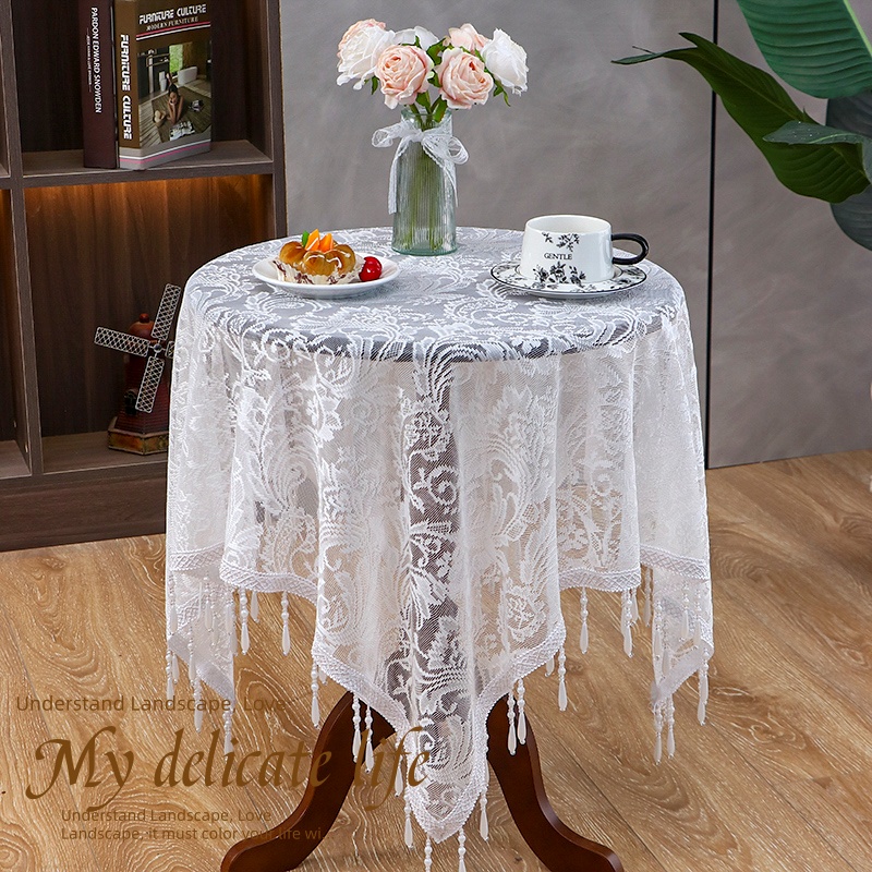 手工吊珠美式法式蕾丝刺绣小圆桌布茶几布多用盖巾高颜值新款盖布
