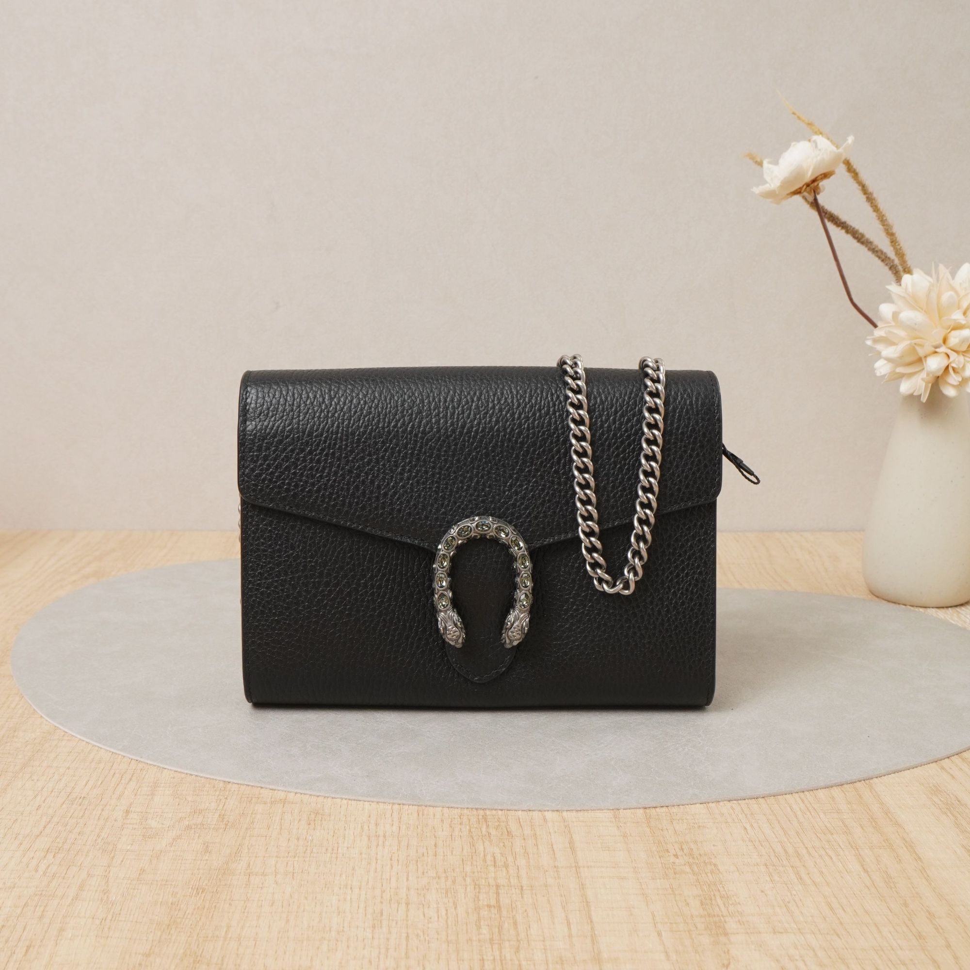 95新 GUCCI/古驰 链带钱包酒神woc钻扣黑色牛皮/DS037474