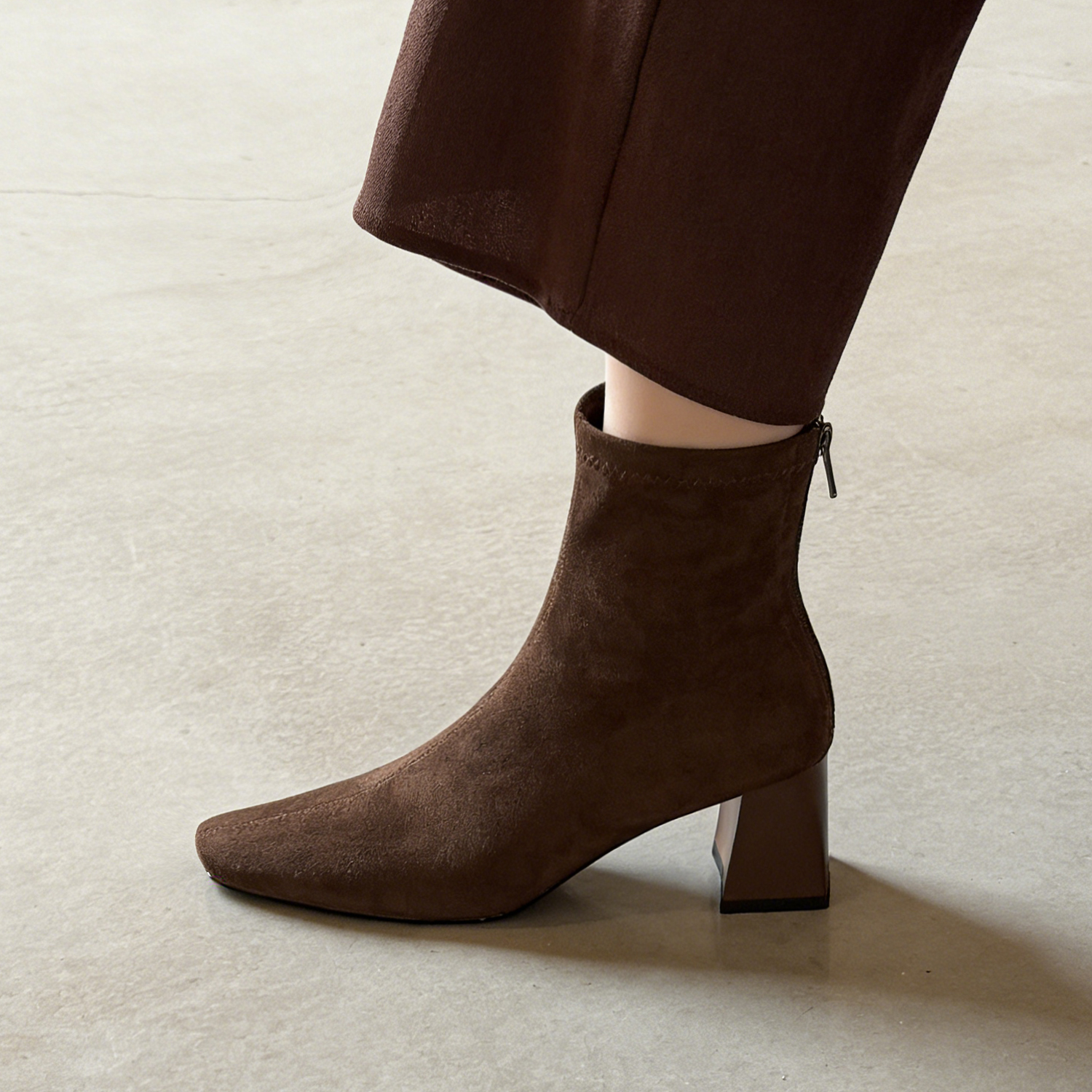 【跟高6cm】粗跟短靴女高跟方头瘦瘦靴弹力靴女显瘦百搭秋冬新款靴