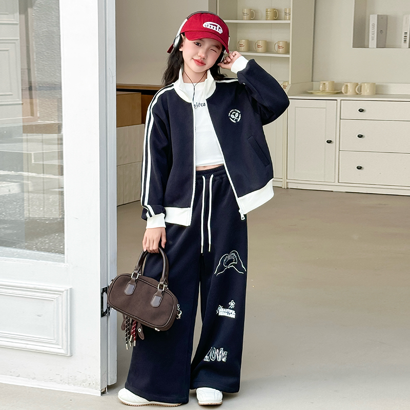 女童春秋休闲套装2025新款韩版中大童时尚拉链衫刺绣运动两件套潮