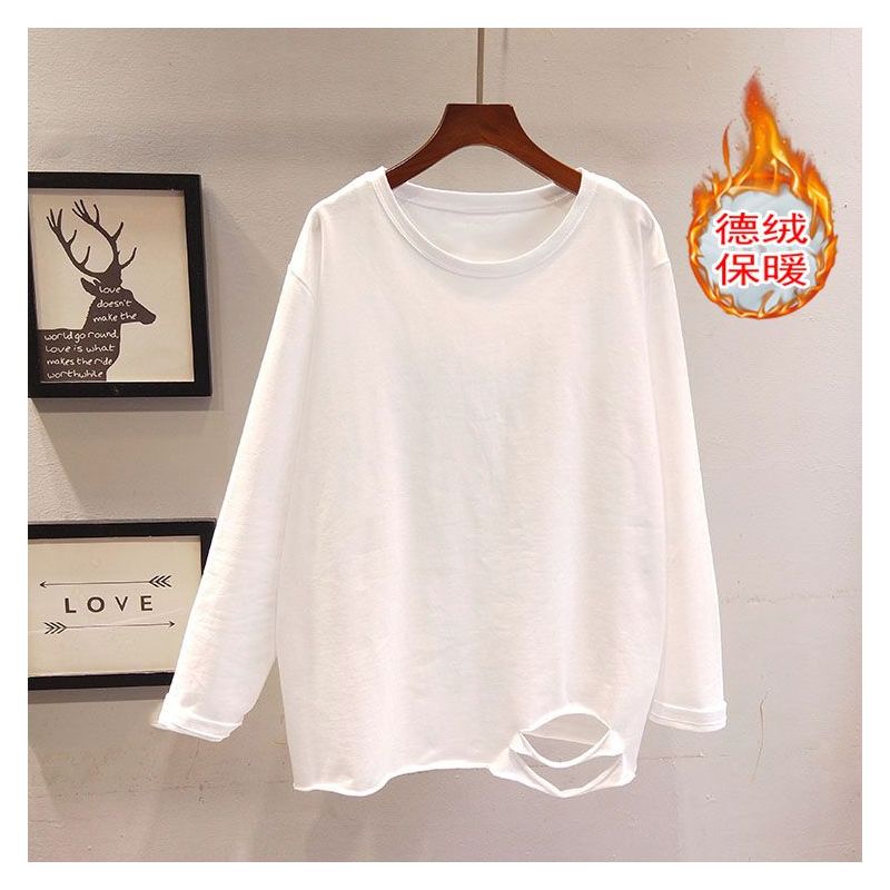 双面德绒白色破洞t恤女常规款宽松加绒秋冬长袖上衣磨毛内搭打底