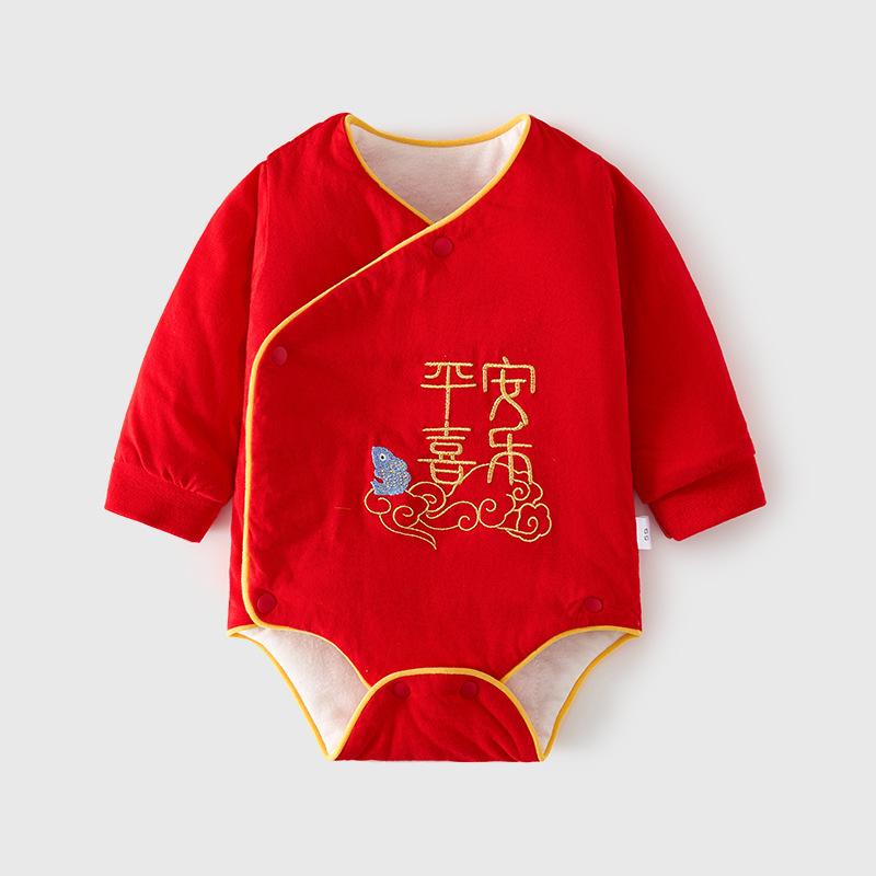 婴儿包屁衣春秋宝宝三角哈衣薄棉拜年满月连体衣新生儿大红色爬服