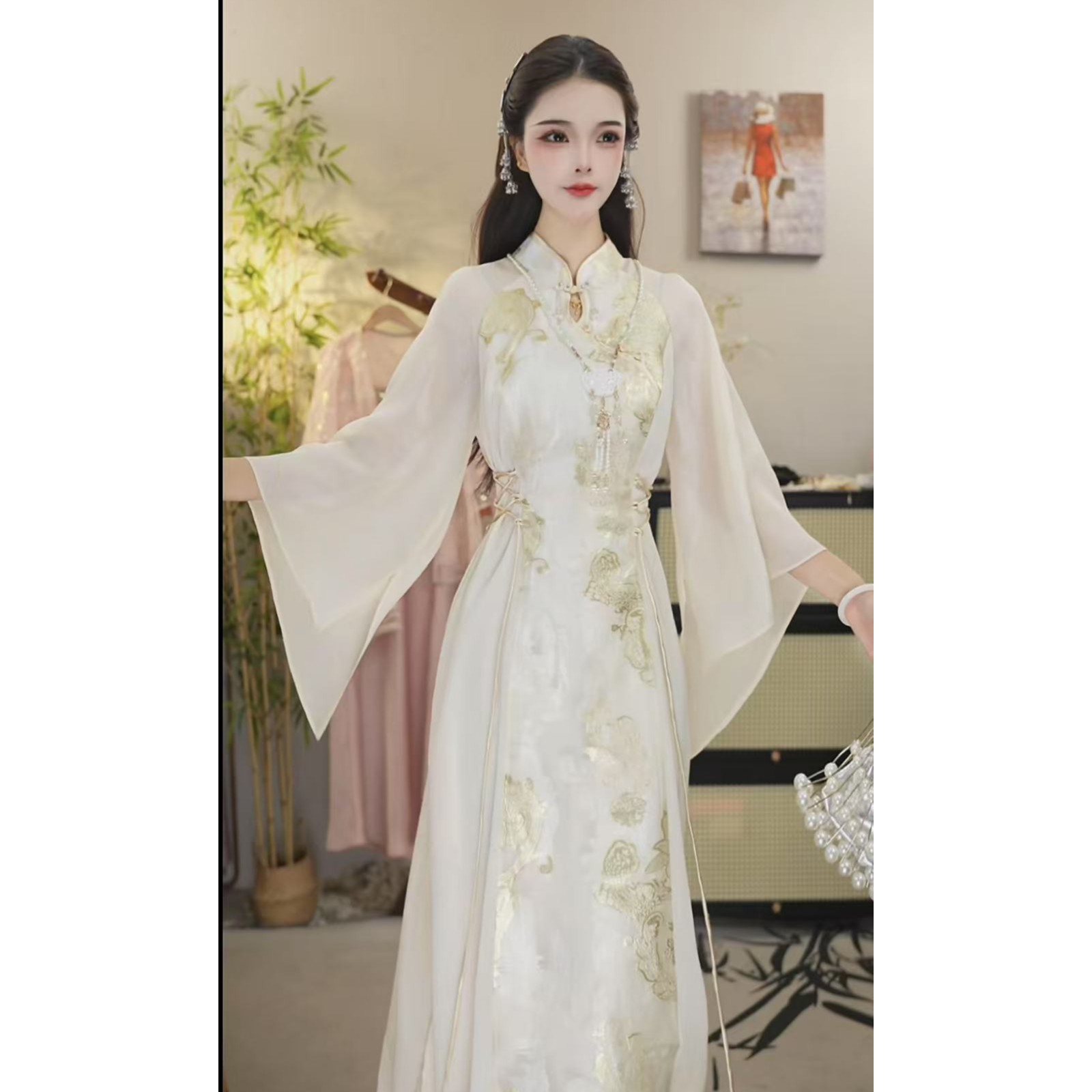 花享悦国风2025春季新款中国风飘逸日常杏色长款连衣裙（6622