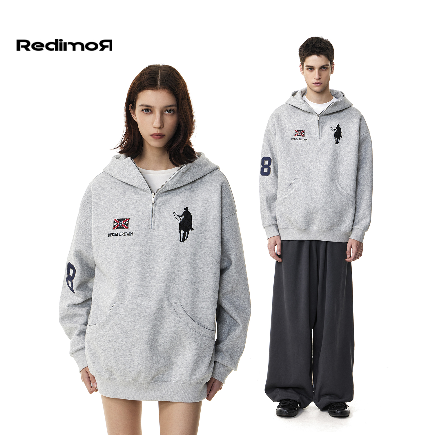【REDIMOR】清仓 美式灰色连帽卫衣外套半拉链上衣外套253RC1282