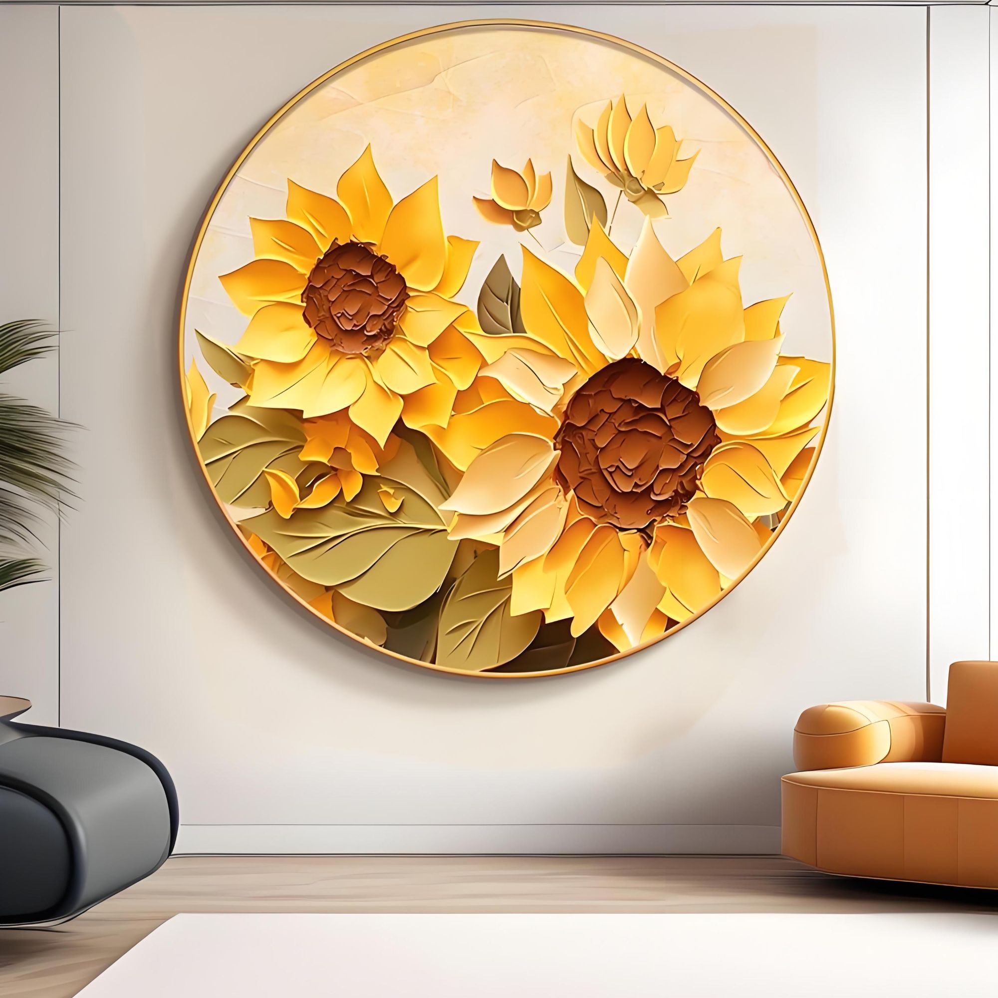 向日葵太阳花玄关装饰画奶油风客厅过道圆形黄色花卉背景墙画挂画