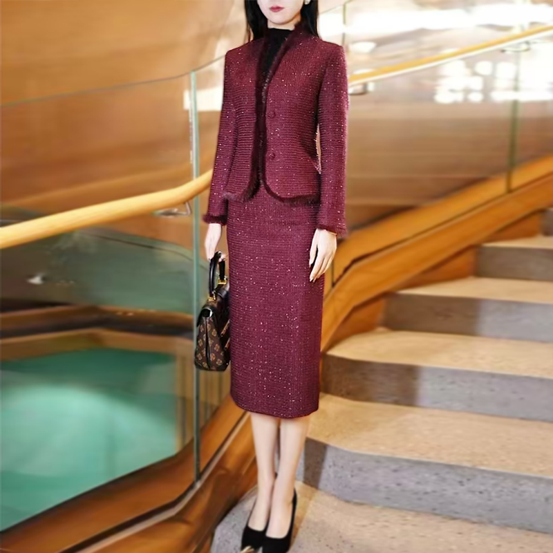 水貂毛小香风套装女冬季高端加厚酒红色外套包臀半裙两件套1868