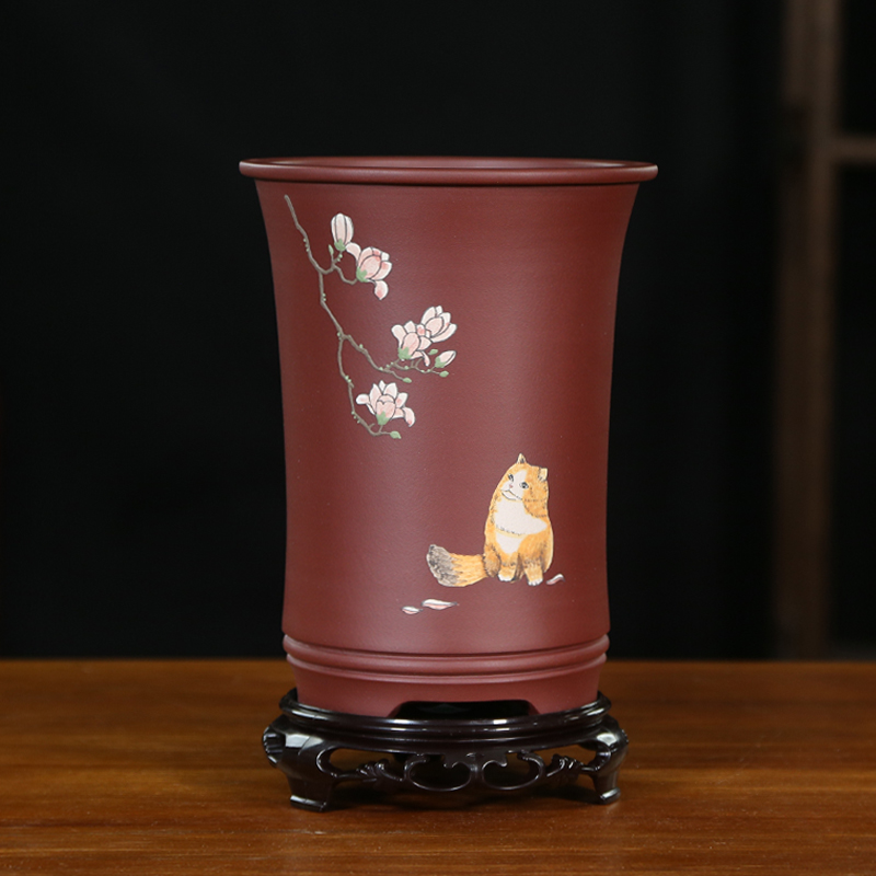 宜兴精品紫砂兰花盆创意泥绘竹节仿古大号桌面室内悬崖老桩花盆