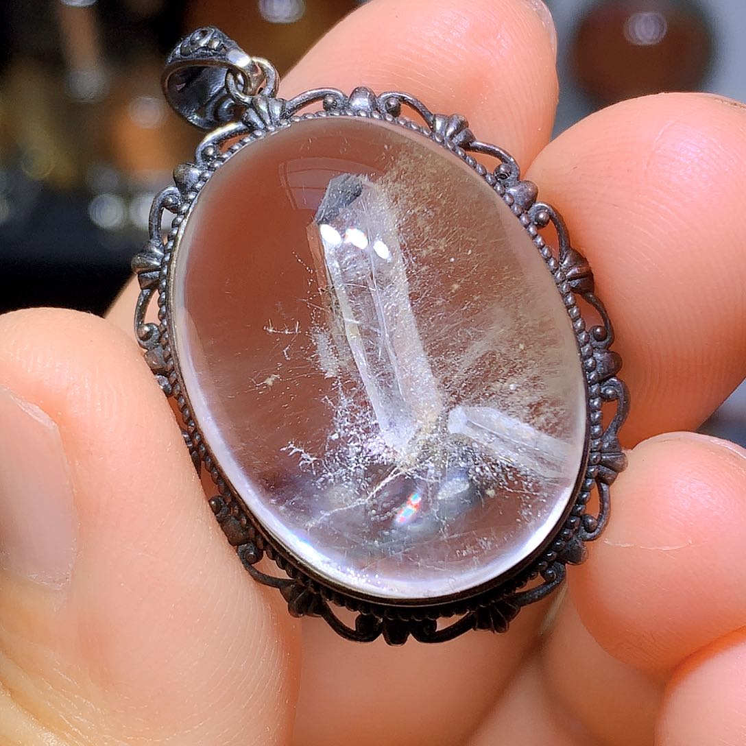 水晶吊坠银S925镶嵌天然水晶