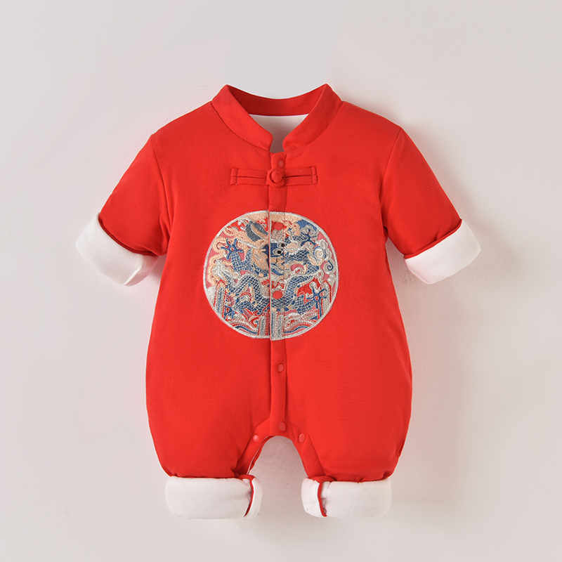 婴儿拜年服冬季加厚连体衣新生儿满月过年红色喜庆衣服宝宝新年装