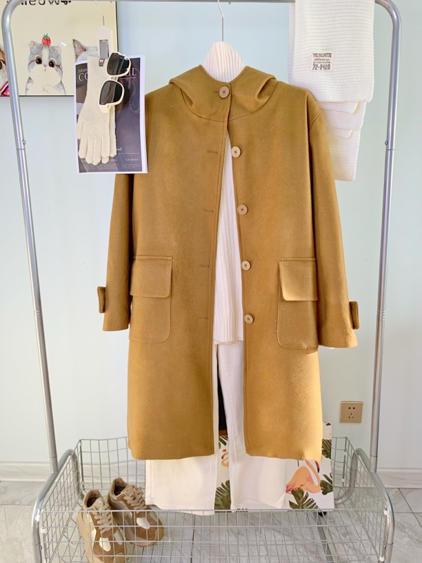 韩版长款驼色大码200斤毛呢外套女连帽款休闲时尚设计师