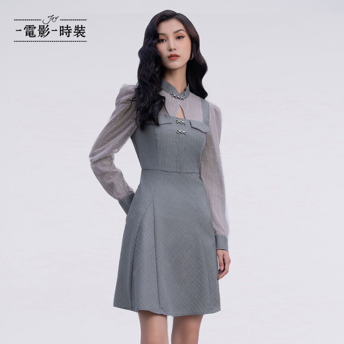 【高高甄选】一电影一时装条纹灰色旗袍连衣裙FFBX115629