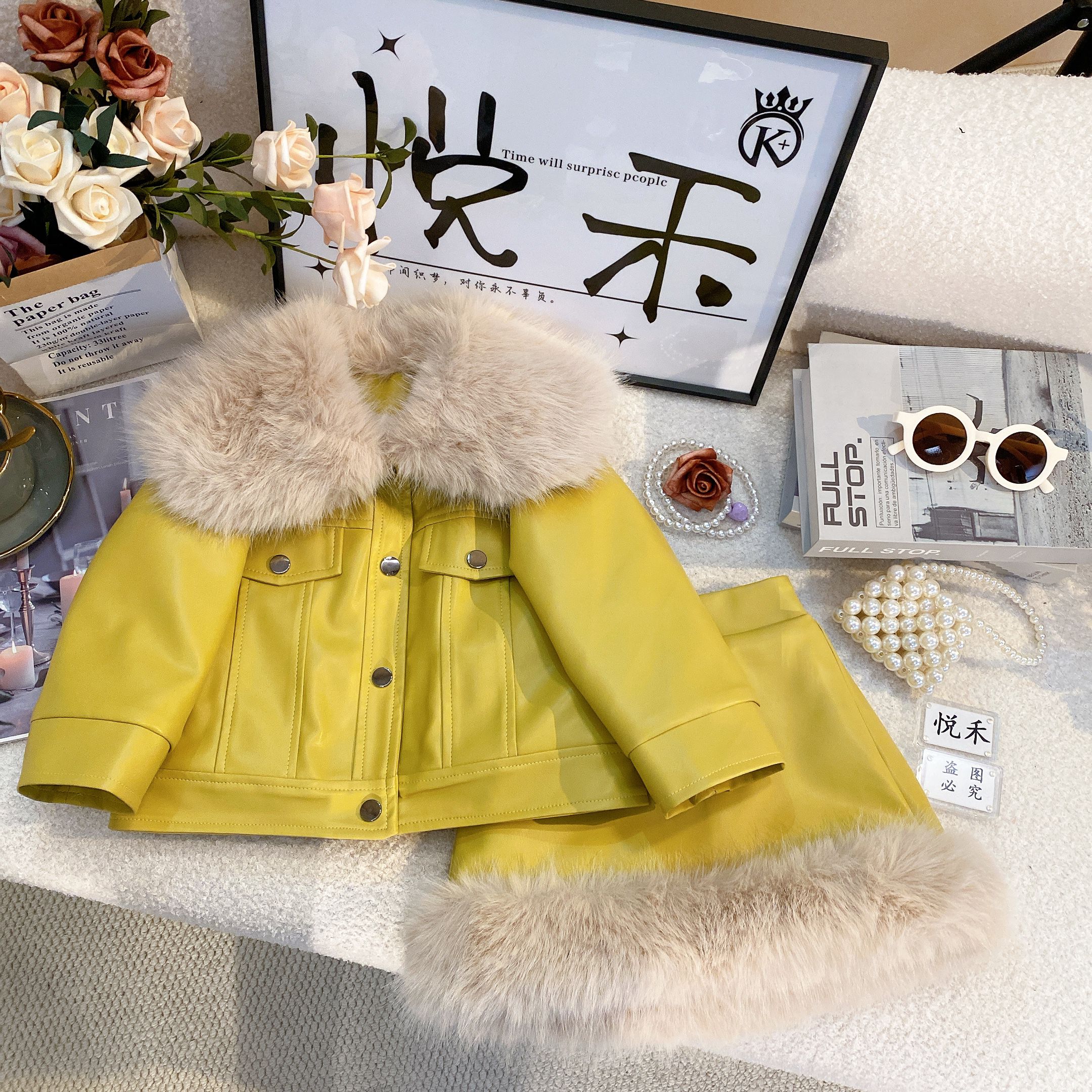 T2【悦禾】冬款女宝加绒皮衣套装时尚加厚外套潮流半裙套装6301