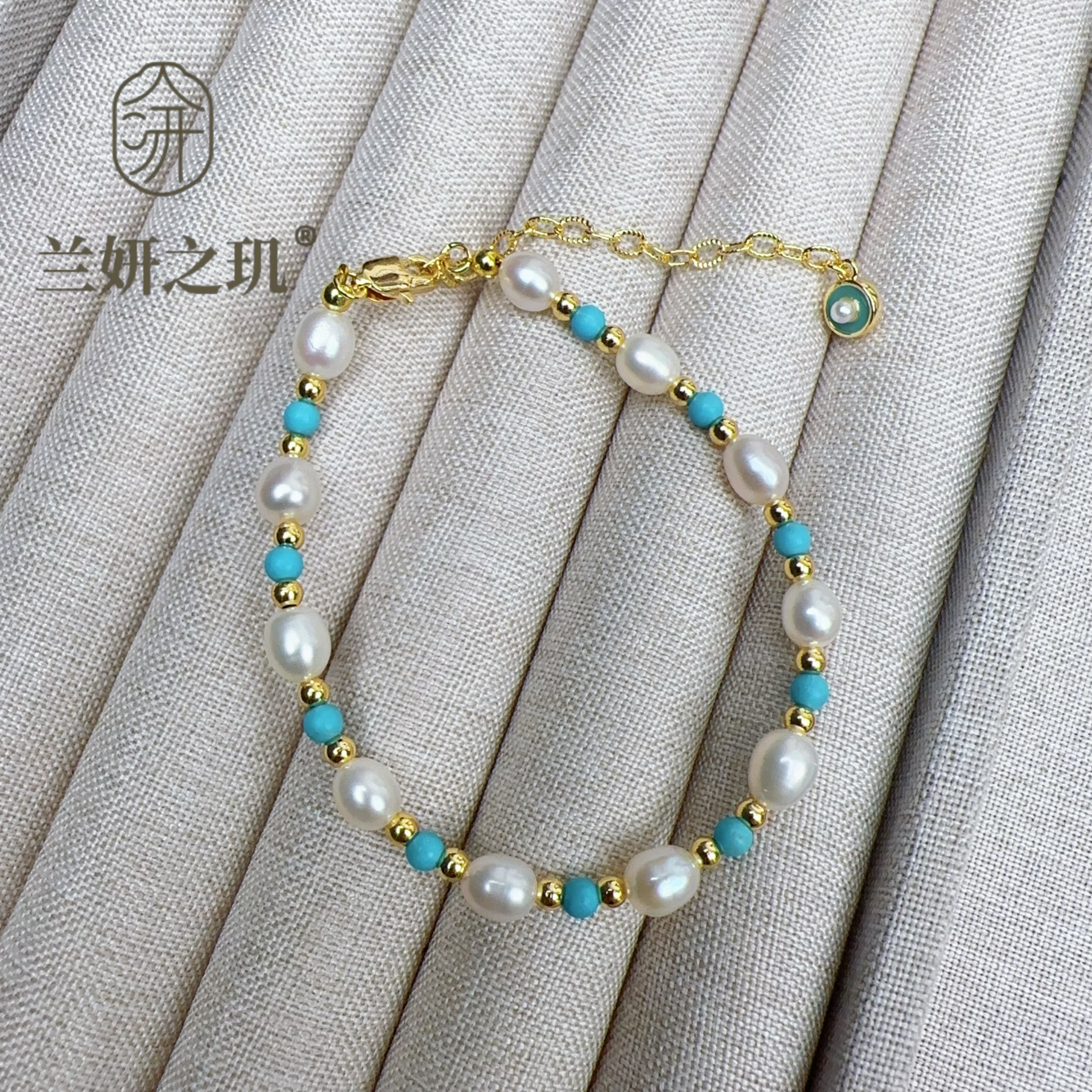 淡水珍珠 5-6mm珍珠绿松石手链 新中式简约时尚天然石手串 8619