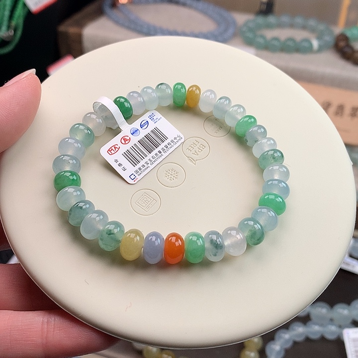 翡翠未镶嵌手链冰彩虹算盘珠