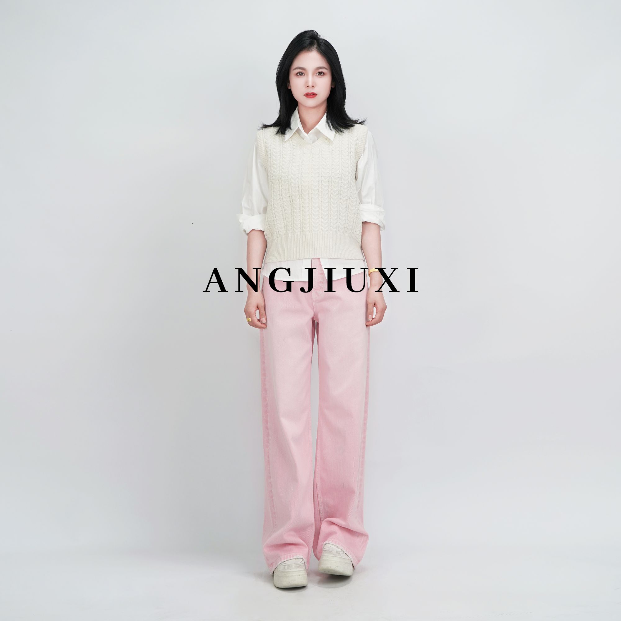 【牛仔夫妇】·樱花粉·春款上新粉色百搭中高腰显瘦休闲直筒牛仔裤女