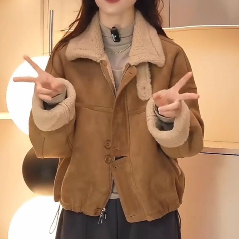 2025冬新款加绒加厚羊羔毛外套韩版宽松复古皮毛一体毛毛保暖上衣