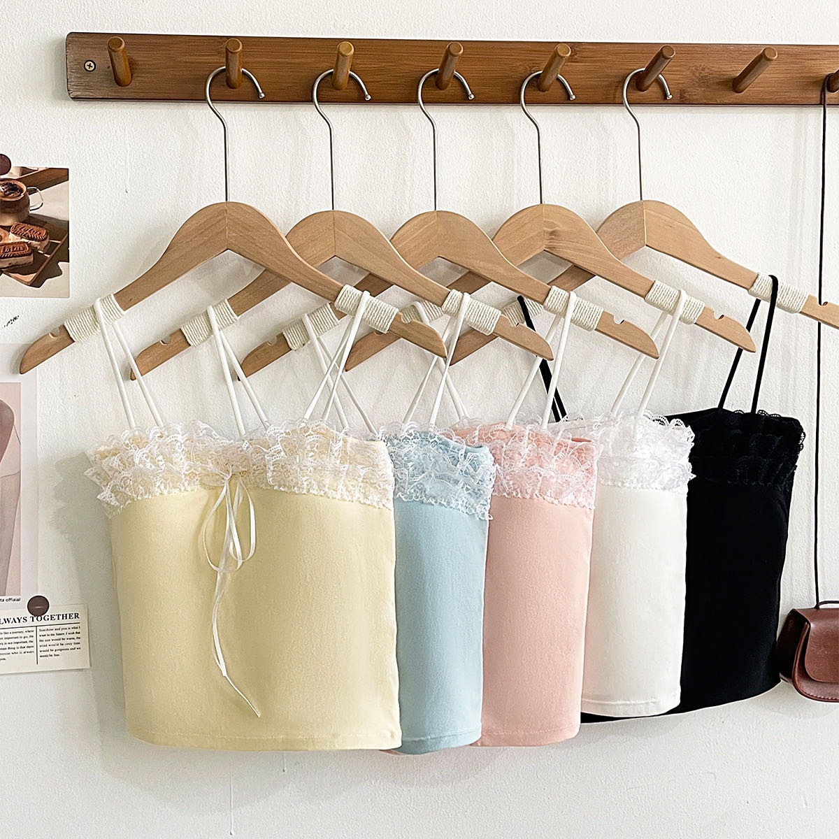 【秋冬高质量版】纯欲风蕾丝打底背心吊带蝴蝶结带胸垫纯色美背内衣