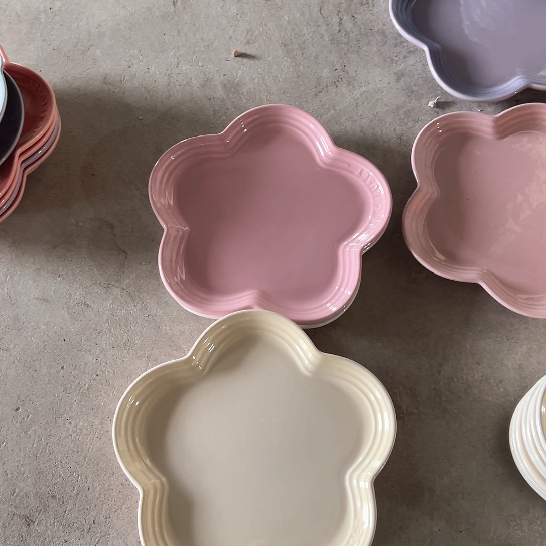 陶瓷 大梅花浅盘 奶白 马卡龙粉 