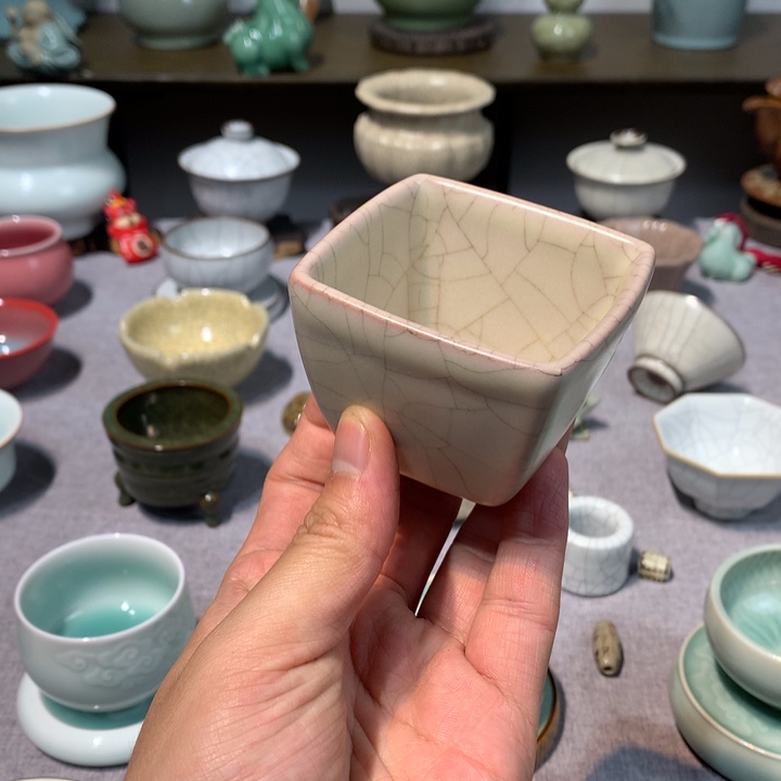 龙泉青瓷手工哥窑四方杯
