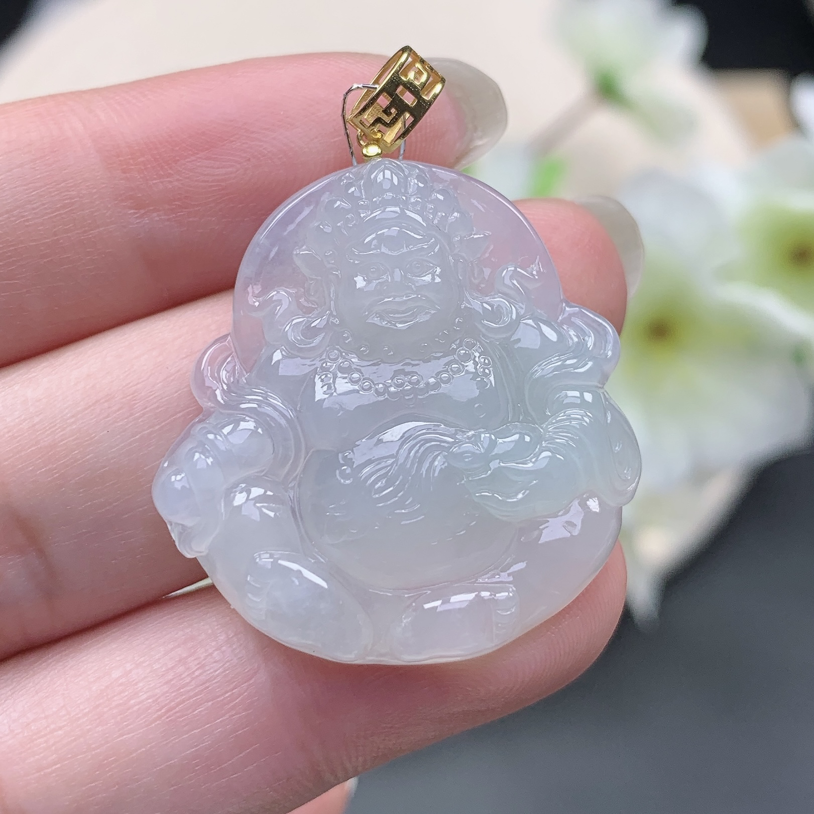 9.83g缅甸天然翡翠A货冰种黄财神爷吊坠18k金扣头31.4×30.3×6mm