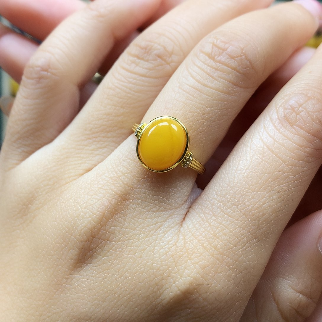 蜜蜡戒指银S925镶嵌戒指