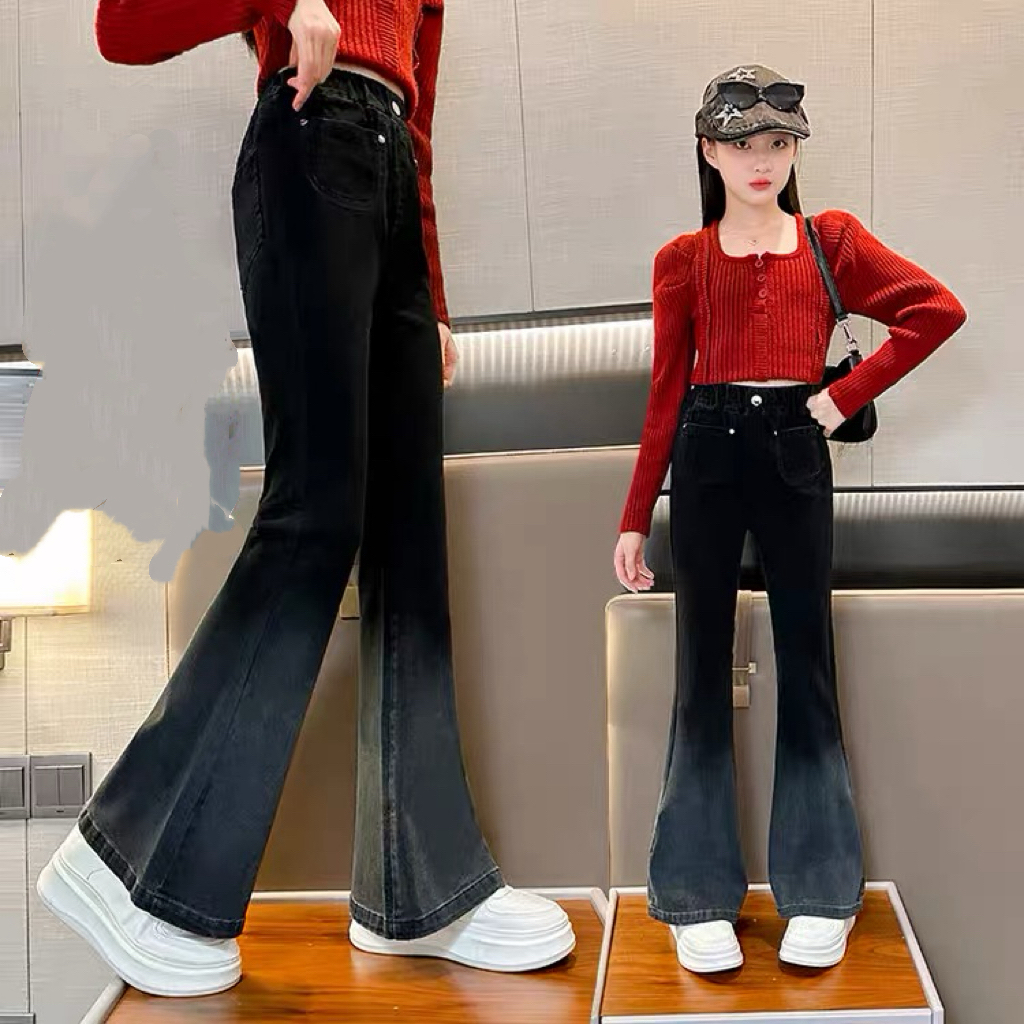 707哈哈家 女童春秋新款洋气韩版百搭时髦休闲渐变牛仔喇叭裤