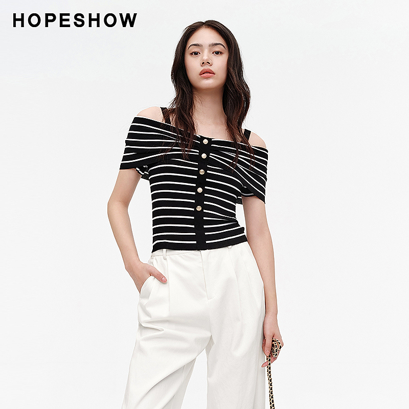 红袖夏季2024新款女装 条纹蝴蝶结一字肩吊带针织衫89124180114