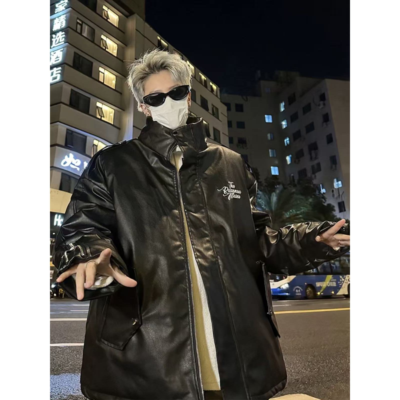 6108美式复古冬季保暖pu皮棉衣高街痞帅潮男棉衣外套立领面包服